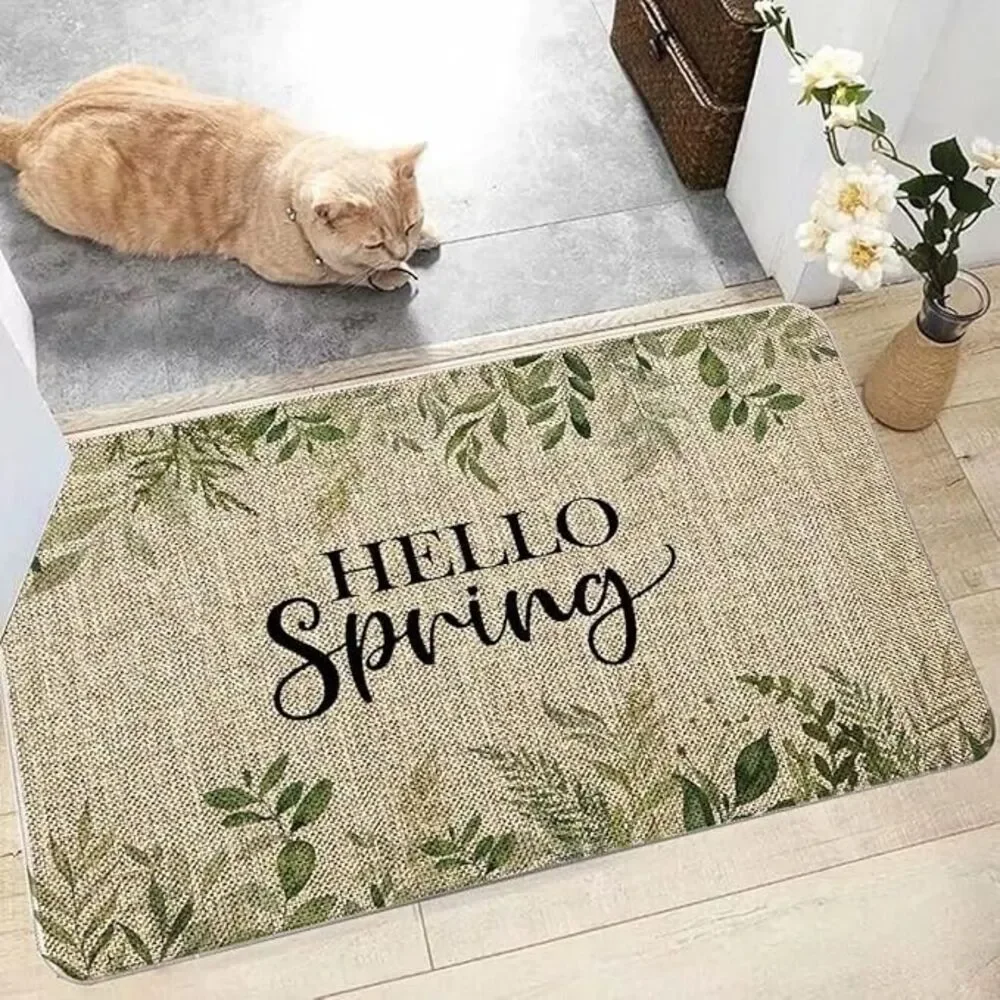Hello Spring Leaves Farmhouse Indoor Outdoor Non Slip Door Mat 27x17
